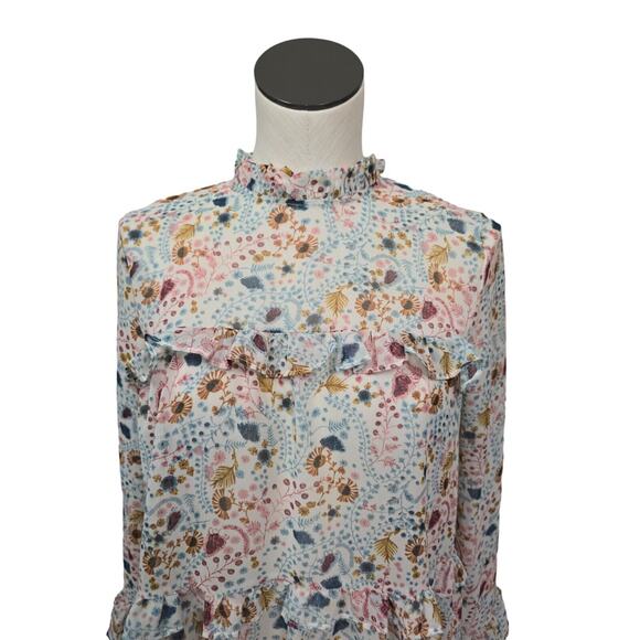 Sundance High Neck Floral Print Celina Blouse Tiered Ruffle Semi Sheer Womens XS - Picture 12 of 12